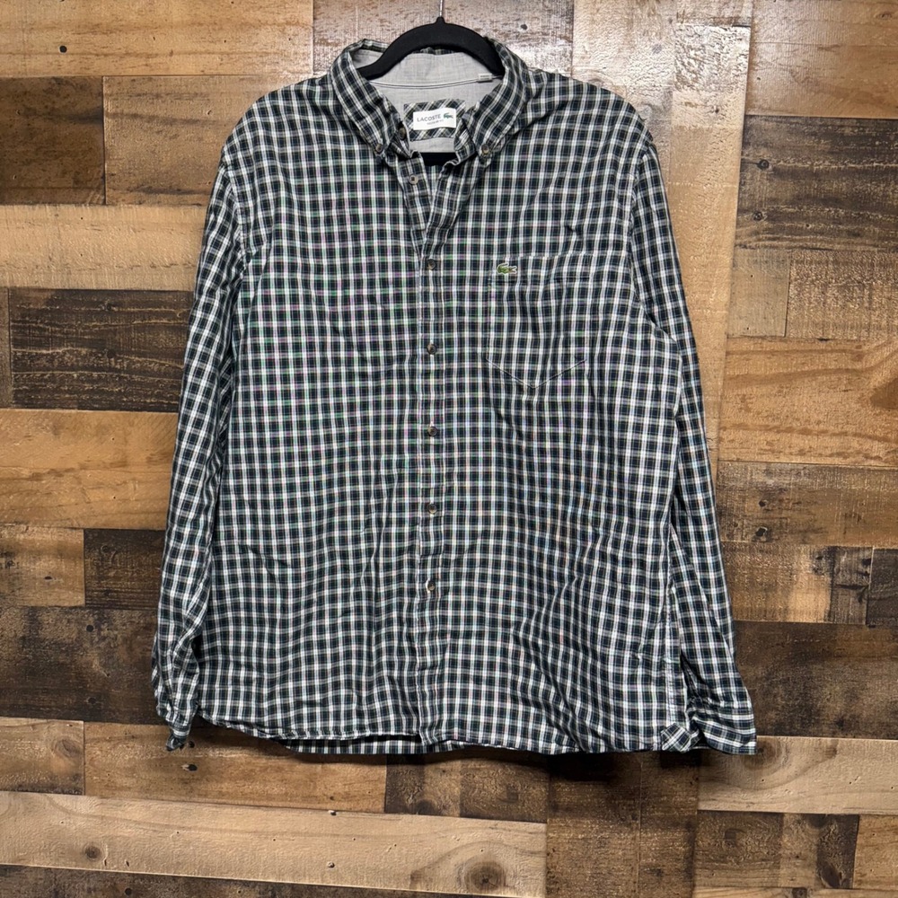 Lacoste Regular Fit Plaid Button Down Shirt Men's XL Green White Yellow